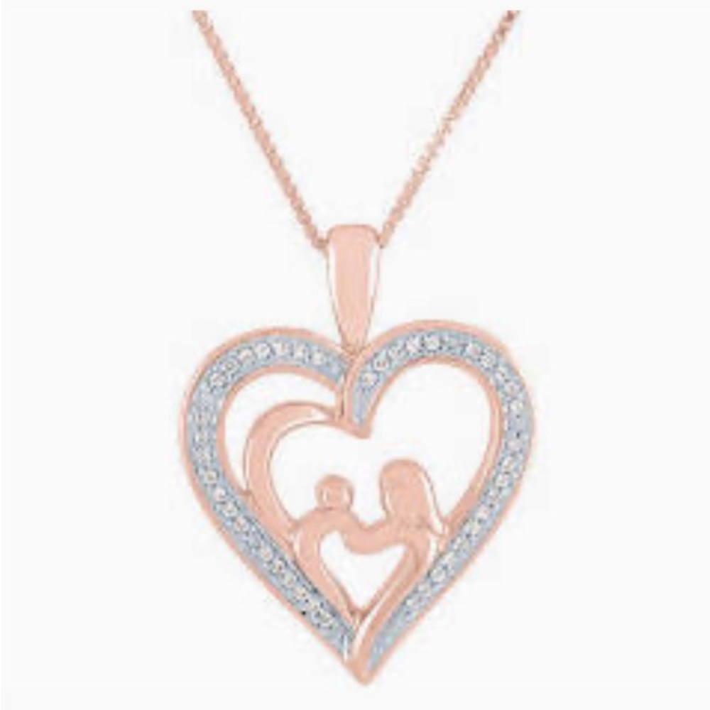 Mother And Daughter 1/10 CT.  Diamond 14K Rose Gold Over Silver Heart Necklace